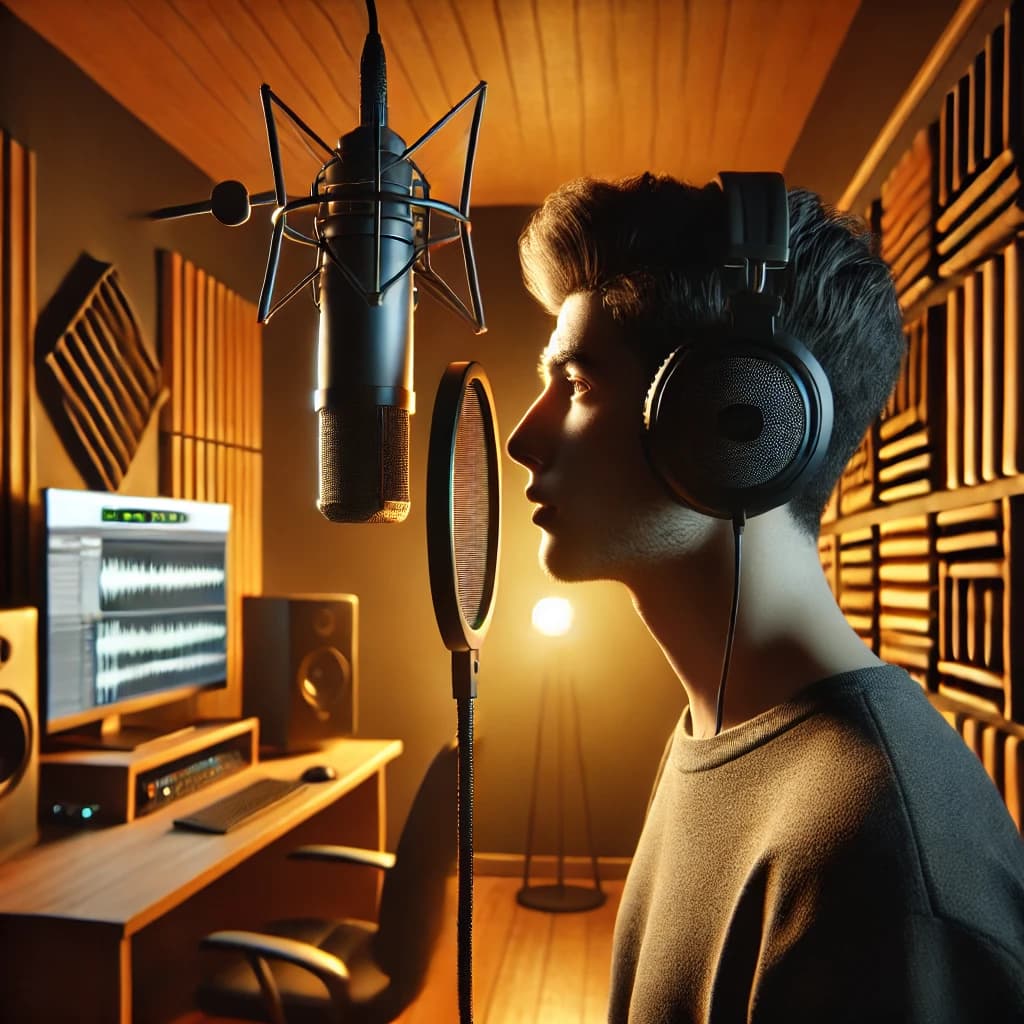 A person is recording their voice in a home studio with soundproofing panels